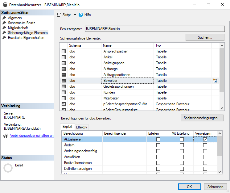 Rechtevergabe eines Benutzers